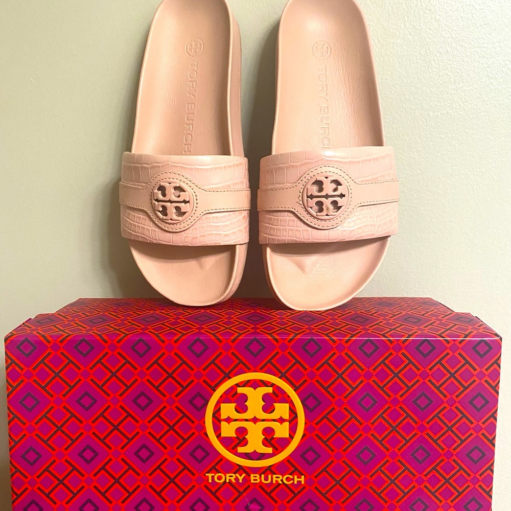 Tory Burch Mineral Pink Soft Croc Slides ***Excellent condition***